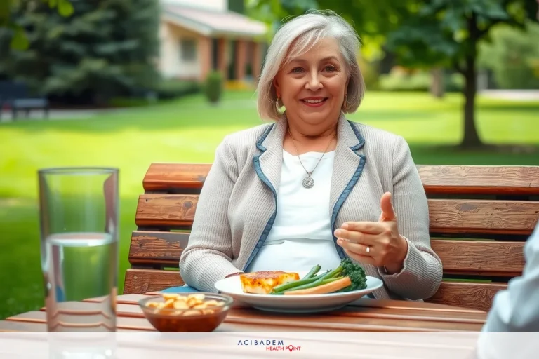 Older woman enjoying meal on outdoor bench. She's wearing a cardigan and has a smile on her face, looking towards the camera.