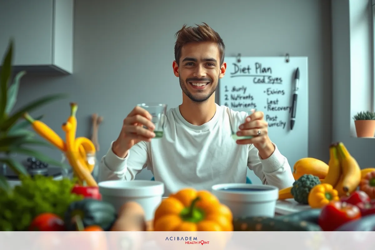 A man is seated at a table filled with an assortment of colorful fruits and vegetables, drinking from a glass. He's smiling and appears to be in a joyful mood.