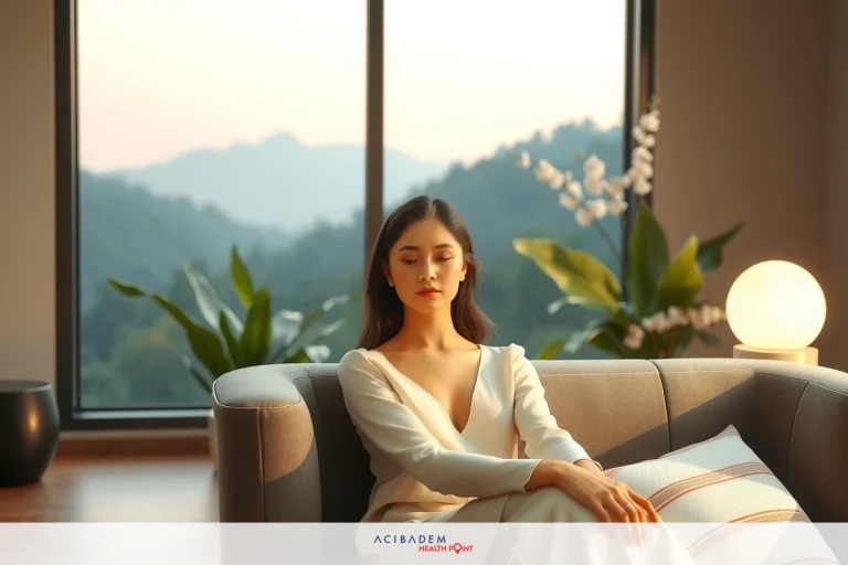 Secondary Rhinoplasty in Turkey A young woman sitting on a sofa in her pajamas, looking contemplative with eyes closed. Her hands rest gently on her knees. The room has large windows allowing natural light to flood in and illuminate the space. There are green plants adding to the serene atmosphere.