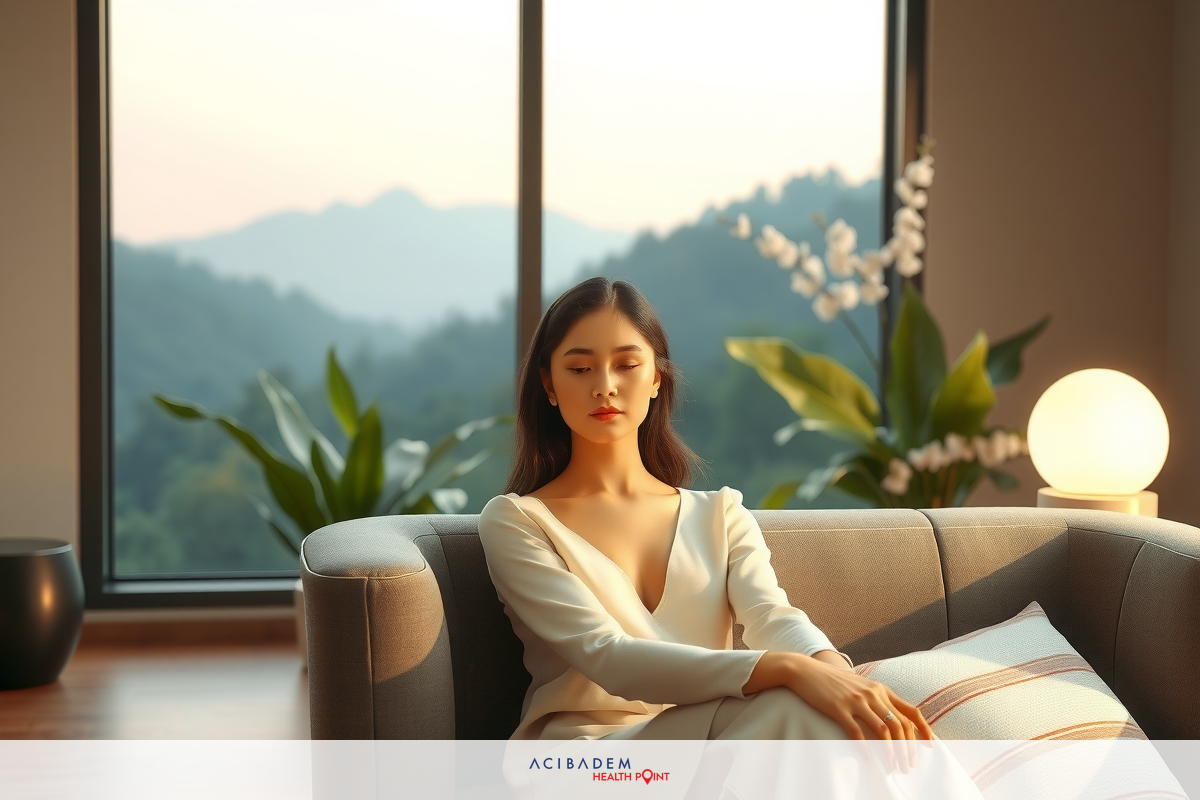 A young woman sitting on a sofa in her pajamas, looking contemplative with eyes closed. Her hands rest gently on her knees. The room has large windows allowing natural light to flood in and illuminate the space. There are green plants adding to the serene atmosphere.