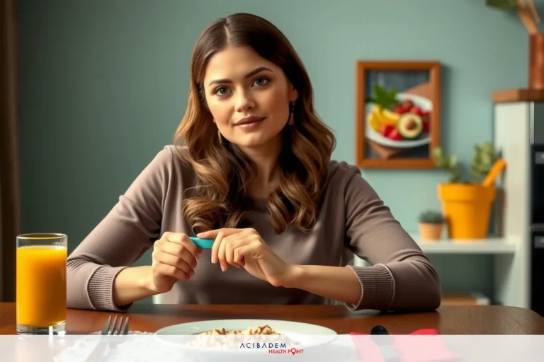 A woman sitting at a dining table, holding a spoon over a plate of cereal. She is wearing a brown top and has a smile on her face, suggesting she is enjoying the moment. The table is set with a variety of breakfast foods including a plate with eggs and fruits.