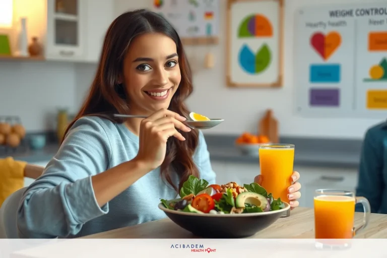 Can I Eat Avocado After Bariatric Surgery? Smiling woman at kitchen table with healthy meal. Includes salad, orange juice and a bowl of food.