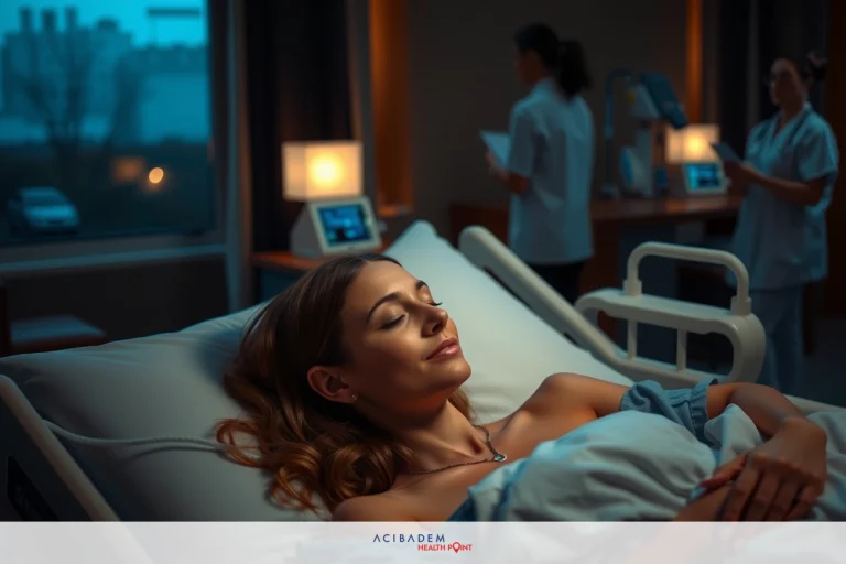 Image of a woman lying in a hospital bed, seemingly asleep. She is in the foreground and appears to be resting. In the background, there are medical professionals attending to her, suggesting a critical or serious situation.