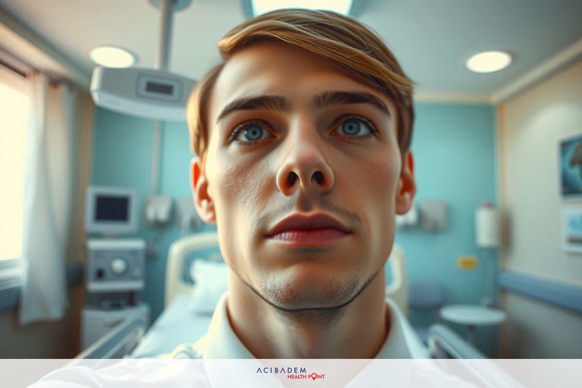 The image features a young man in an indoor setting, likely a hospital or medical facility. He appears to be the focal point of the composition with his face occupying most of the frame. His expression is neutral, and he seems to be looking directly at the camera, which suggests that the photo might be taken as part of a health check-up or a medical examination.
