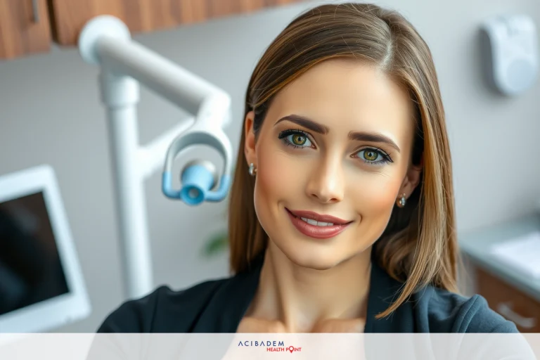 Professional photo of a young woman with makeup in a patient's office. She is standing in front of a modern patient chair, smiling and looking directly at the camera.