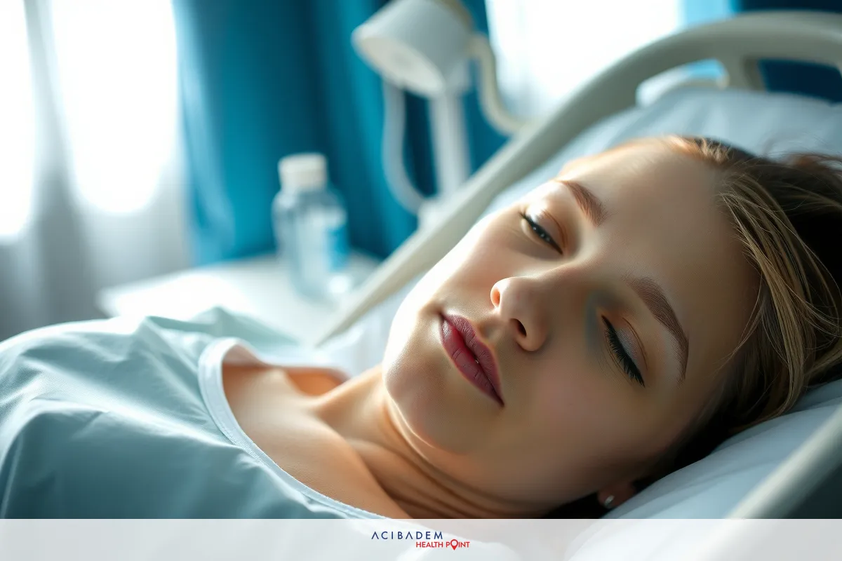 A woman lying on a hospital bed, with her eyes closed as if she is sleeping or resting. She appears to be in a calm and peaceful state, possibly during recovery from an illness or procedure.