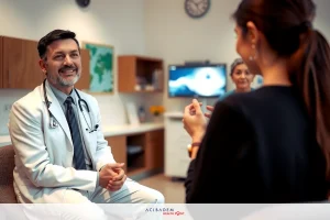 The image shows a medical doctor seated in an office setting, smiling and engaging with one patient or visitor. He is wearing a white coat which indicates his profession. The surroundings suggest a clinical environment, with medical books and equipment visible.