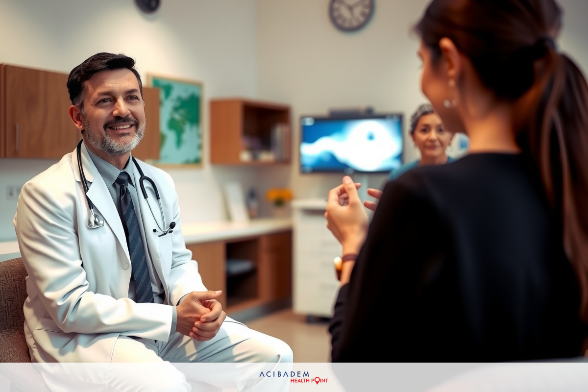 The image shows a medical doctor seated in an office setting, smiling and engaging with one patient or visitor. He is wearing a white coat which indicates his profession. The surroundings suggest a clinical environment, with medical books and equipment visible.