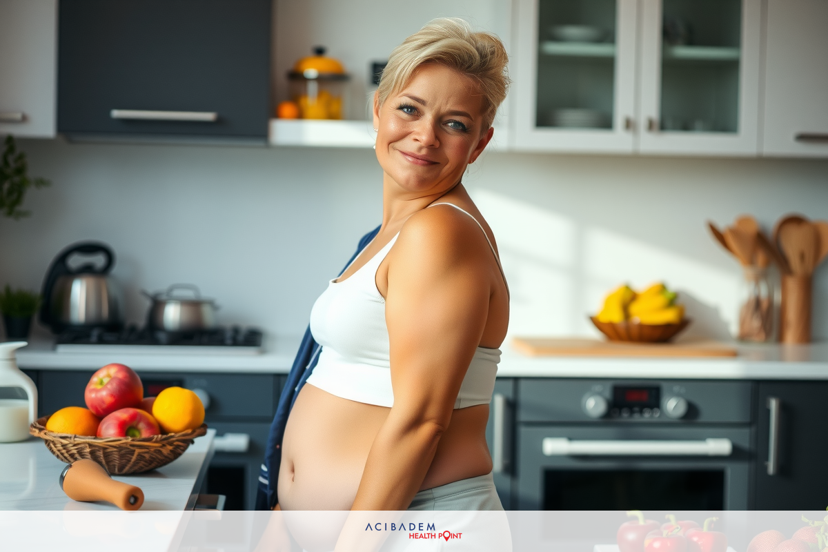 The image shows a woman standing in a modern kitchen. She is wearing a white tank top and appears to be obese. The kitchen has white countertops, black cabinetry, and stainless steel appliances. There are various fruits on the countertop, including an orange and what looks like a bowl of apples.