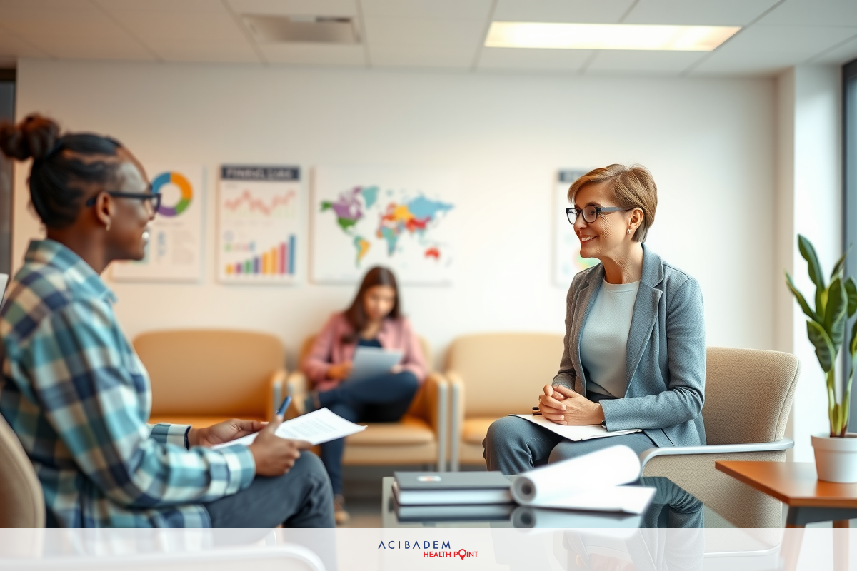 Two individuals seated in a professional office environment discussing documents. A woman wearing glasses and a dark suit is engaged with the papers, while another individual on a couch observes. The setting includes an indoor plant, furniture, and wall-mounted global charts.