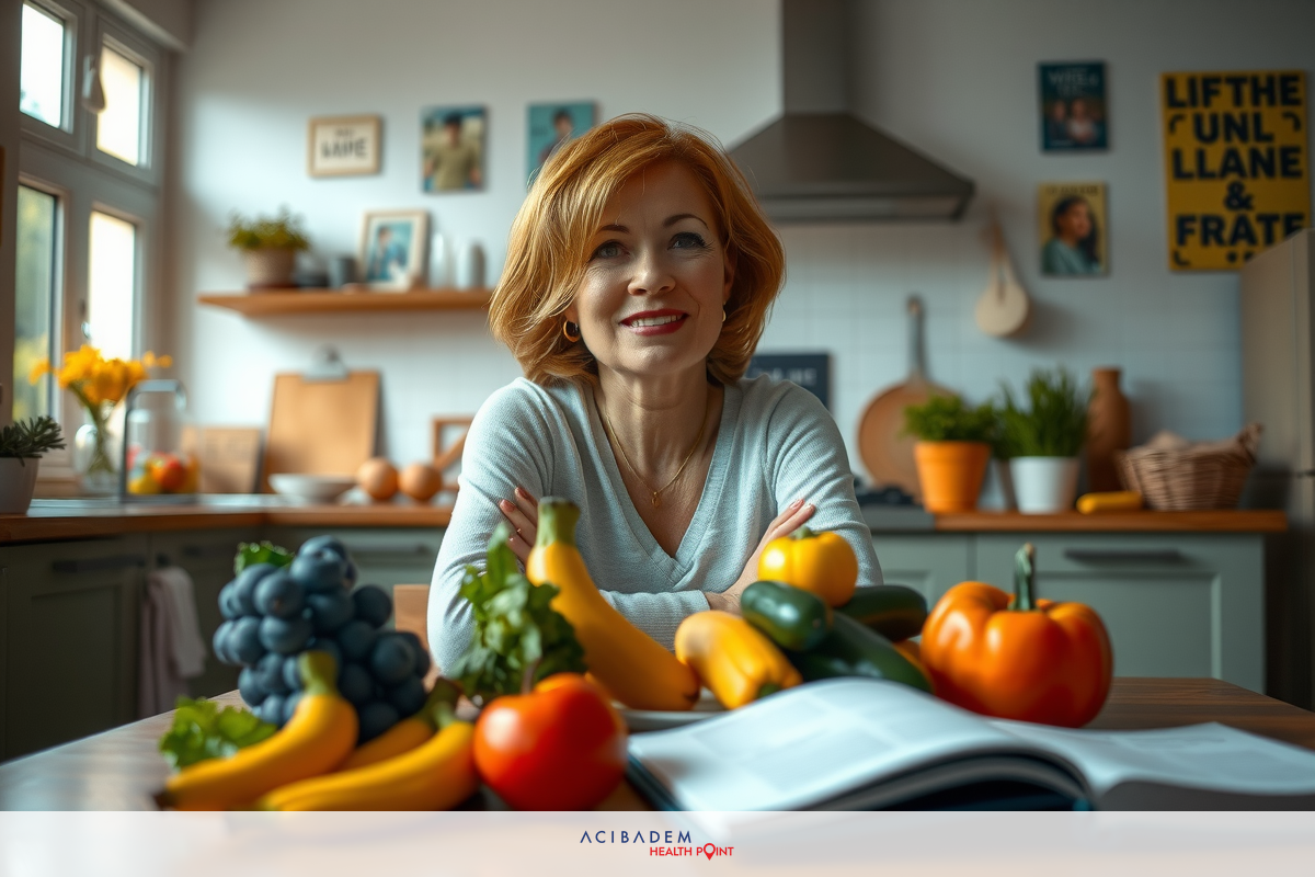 Woman standing in kitchen with fresh produce, smiling. She has blonde hair and is wearing a white top.