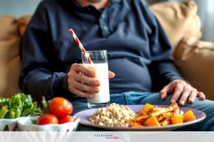 The image shows a man seated on a couch, holding a glass of milk with one hand. There is a plate of food in front of him with various vegetables and tomatoes. He appears to be enjoying a meal while relaxing in his home environment.