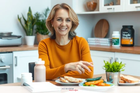 This is an image of a woman in a kitchen, sitting at a table with various food items. She appears to be enjoying a meal with vegetables like carrots and broccoli visible on the table. There are also bottles that could contain supplements or drinks. The setting suggests a casual dining scenario.