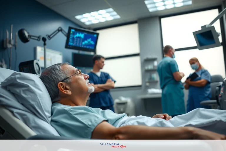 The image depicts a hospital setting with medical personnel. A patient is on an intensive care unit bed, being attended to by the healthcare team in a large room equipped with modern technology.