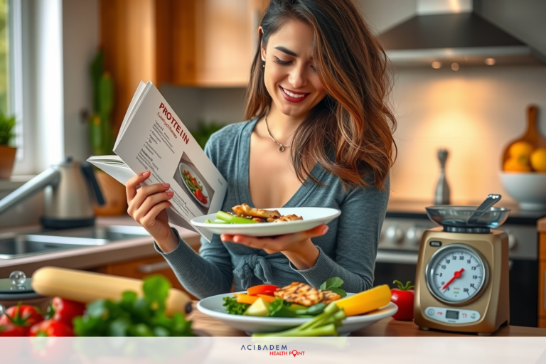 Can I Eat Peanut Butter After Gastric Sleeve? A woman in a kitchen, smiling while looking at a cookbook and preparing vegetables for a meal. She is wearing a gray shirt and there's various cooking equipment around her.