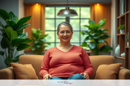 The image features a woman sitting comfortably on a couch with her legs crossed. She is wearing a pink sweater and appears to be smiling, looking directly at the camera. In front of her is a small table holding two objects: a plant and a vase. The room has a warm, inviting atmosphere with natural light coming in from the windows on either side.