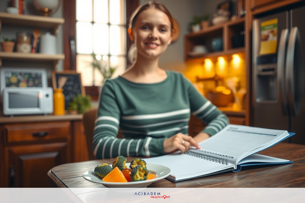A woman is seated at a kitchen counter, smiling. She has her hands on papers and is eating food from a bowl. The environment is well-lit with warm tones, featuring various home appliances like an oven and microwave.