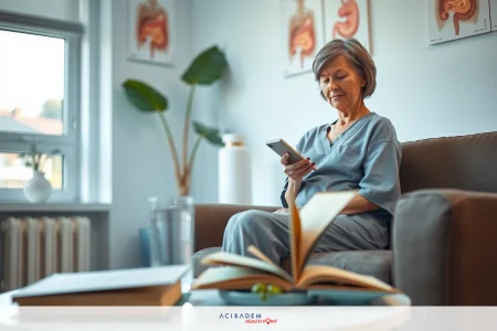 An older woman wearing a hospital gown is seated on a couch with a book nearby, looking at her phone. In a living room setting with a plant and a window.
