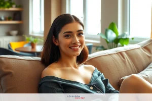 Woman sitting on a couch in modern living room with beige walls and large windows, smiling at camera. She is wearing a black and white striped top.