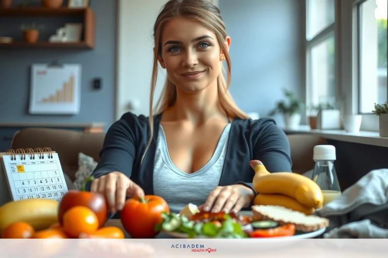 A young woman in a kitchen, preparing food. She is smiling and surrounded by fresh vegetables like tomatoes, carrots, and broccoli on the table. The room has natural light coming through windows.