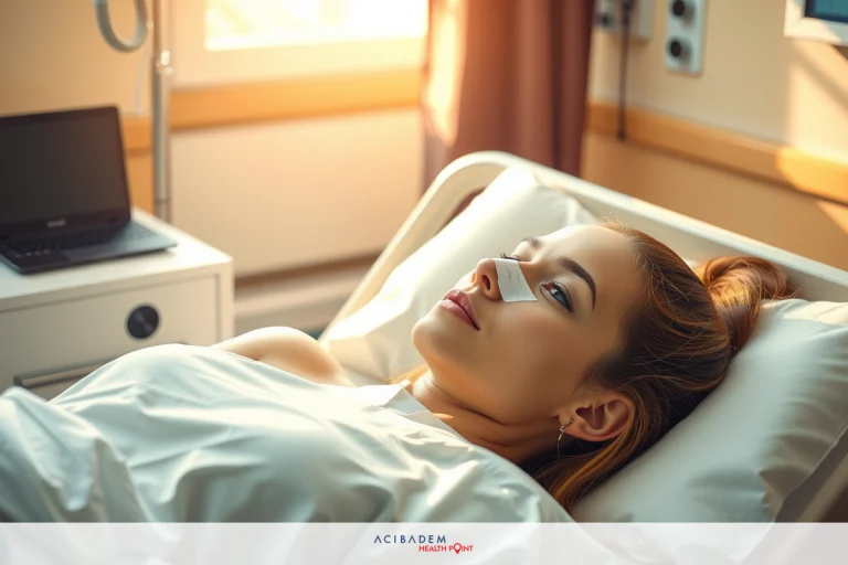 A woman in a hospital bed with an bandage mask on her nose, possibly recovering from surgery. The scene is clinical with medical equipment and bright lighting.