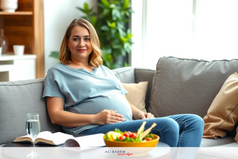 Can I Take Imodium After Gastric Sleeve? A obese woman relaxing on a couch, surrounded by comfort items like a glass of water and a bowl of fruits.