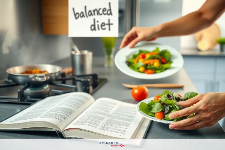 Book with recipe placed on table next to plates of fresh salad and vegetables, indicating a focus on healthy eating. Environment appears to be kitchen, suggesting home cooking or food preparation.