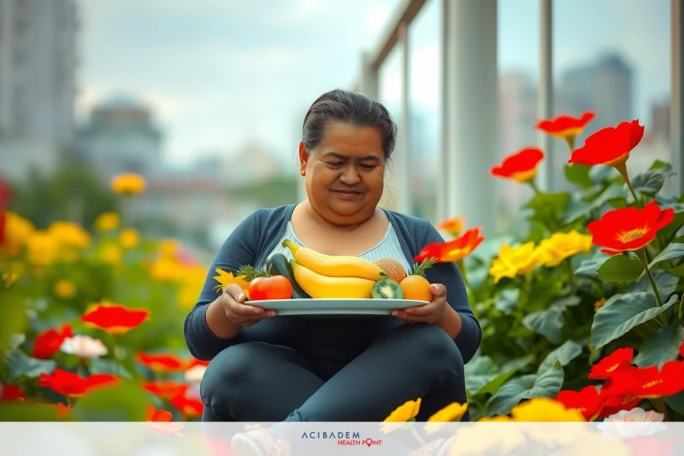 Does Gastric Sleeve Cause Acid Reflux? Woman sits among vibrant flowers, holding a plate of fresh fruit. A mix of nature and human interaction.