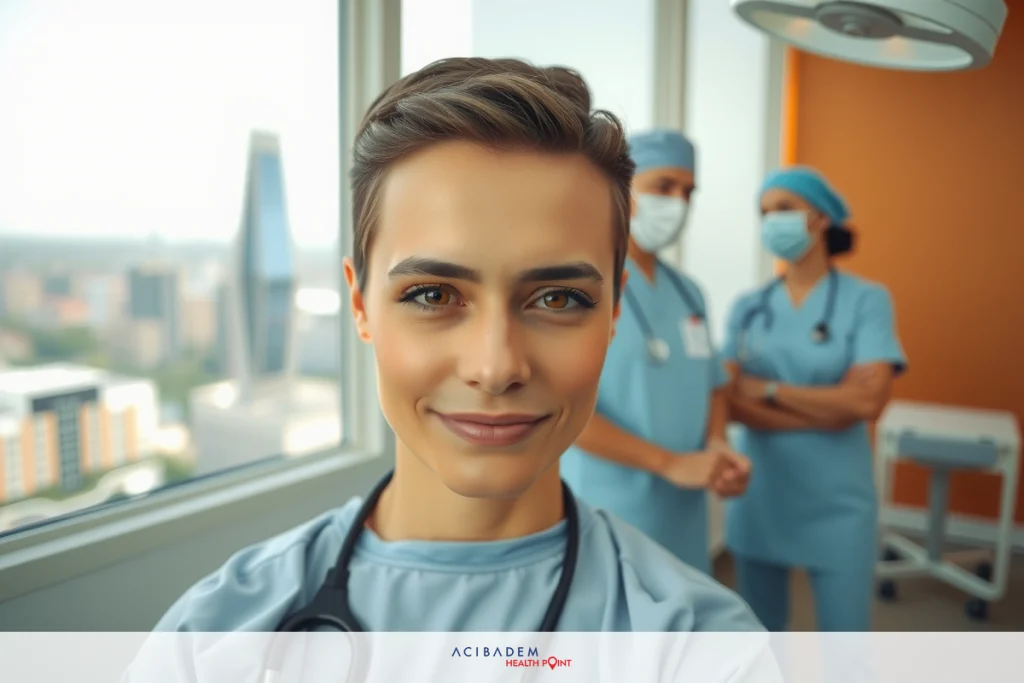 A photo of a young female doctor with short hair, smiling at the camera. She is wearing a blue medical uniform and stands in front of two other doctors who are dressed identically.