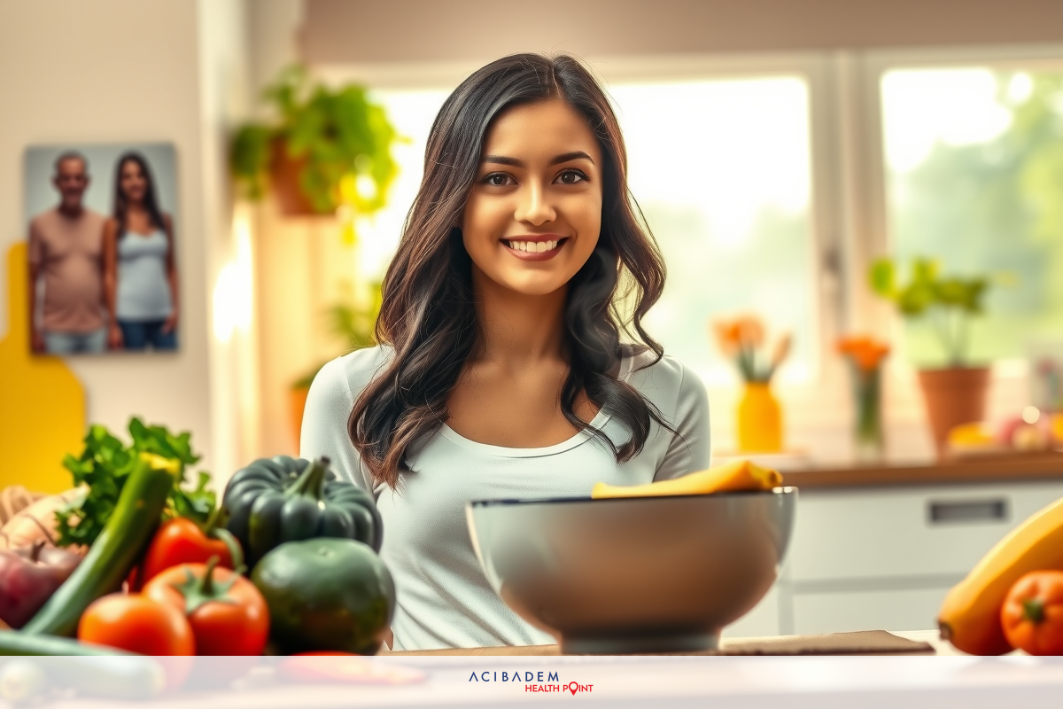 Woman standing in kitchen, smiling and surrounded by fresh vegetables on counter. The environment suggests a healthy, home-cooked meal preparation.