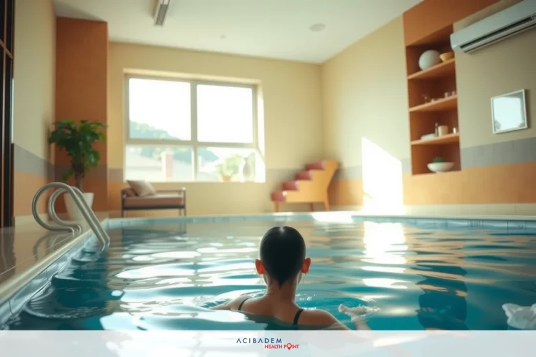 How Long After Gastric Sleeve Can I Swim? A person is swimming in an indoor pool. The pool has clear blue water and there's a small step leading into the pool. The surroundings suggest a modern gym or wellness center with large windows providing natural light.