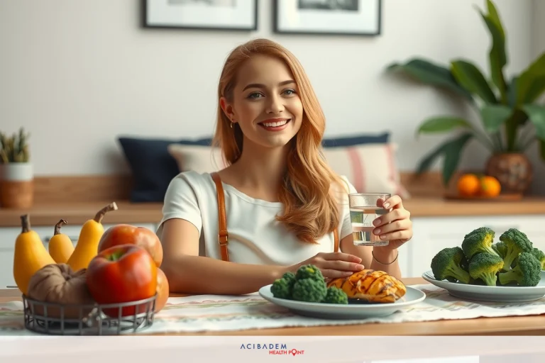 Can I Drink Alcohol After a Gastric Sleeve? The image features a woman with blonde hair and glasses, sitting at a kitchen counter. She is smiling and appears to be enjoying herself while surrounded by an array of fresh fruits and vegetables. There are bananas, apples, oranges, broccoli, and possibly other foods on the countertop. The environment suggests a casual, relaxed atmosphere where healthy eating is encouraged.