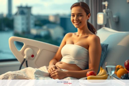 The image depicts a woman in a hospital setting, possibly during pregnancy. She is seated on a hospital bed with medical equipment attached to her. The woman appears to be of mixed race and has a warm smile. On the side table near her are various snack items including fruits and nuts.