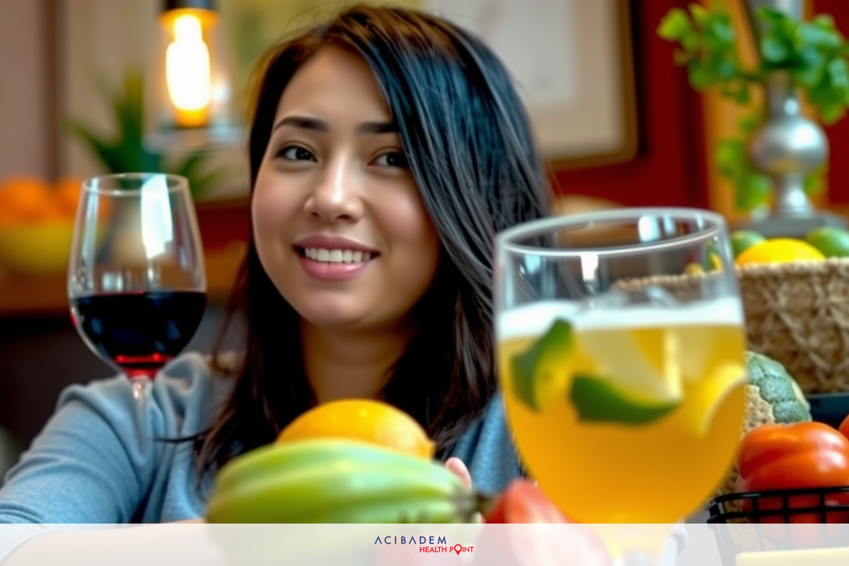 Smiling woman seated at a dining table, which has an array of drinks and fresh fruits on it. She appears to be in a lively setting, perhaps enjoying a casual meal or social gathering with family or friends.