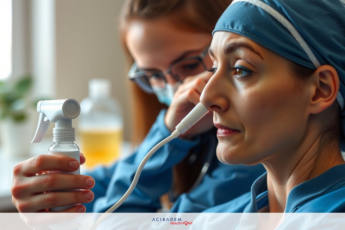 The image shows two medical professionals, both wearing blue scrubs and surgical masks. One of them is holding a breathing tube to assist with an intubation process. They are in what appears to be a hospital or medical setting.