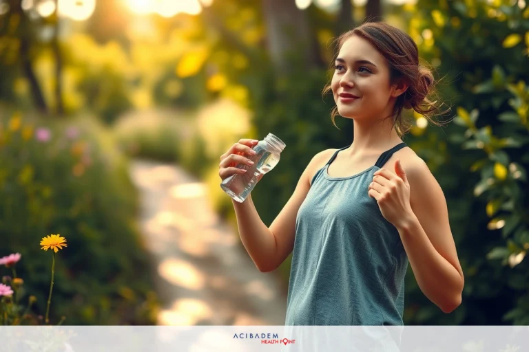 A young woman in a light blue tank top jogging on a path through nature, with greenery and flowers surrounding her. She is holding a water bottle and appears to be enjoying the run.
