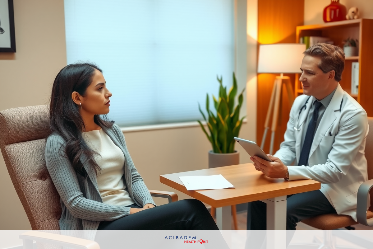 A woman sitting in a chair talking to a doctor. They are in an office setting with a table, potted plant and books around them.