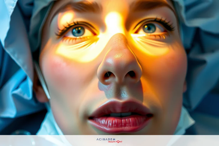 What is the Best Bandage for Nose Cancer Surgery? A woman's face, possibly in a medical setting, with headlight illuminating her eyes. She appears to be wearing a surgical cap and may be receiving medical attention.