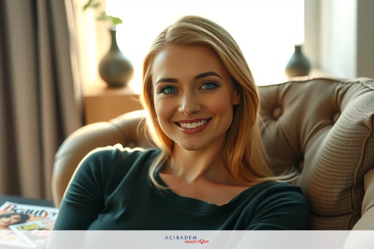 Woman in a black shirt smiling on a couch. She appears to be in a cozy room, possibly waiting for someone or just enjoying some leisure time.