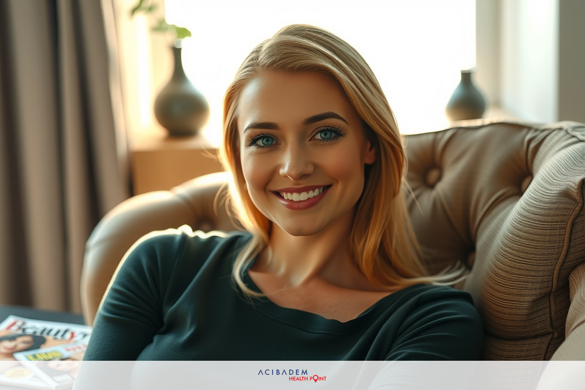 Woman in a black shirt smiling on a couch. She appears to be in a cozy room, possibly waiting for someone or just enjoying some leisure time.