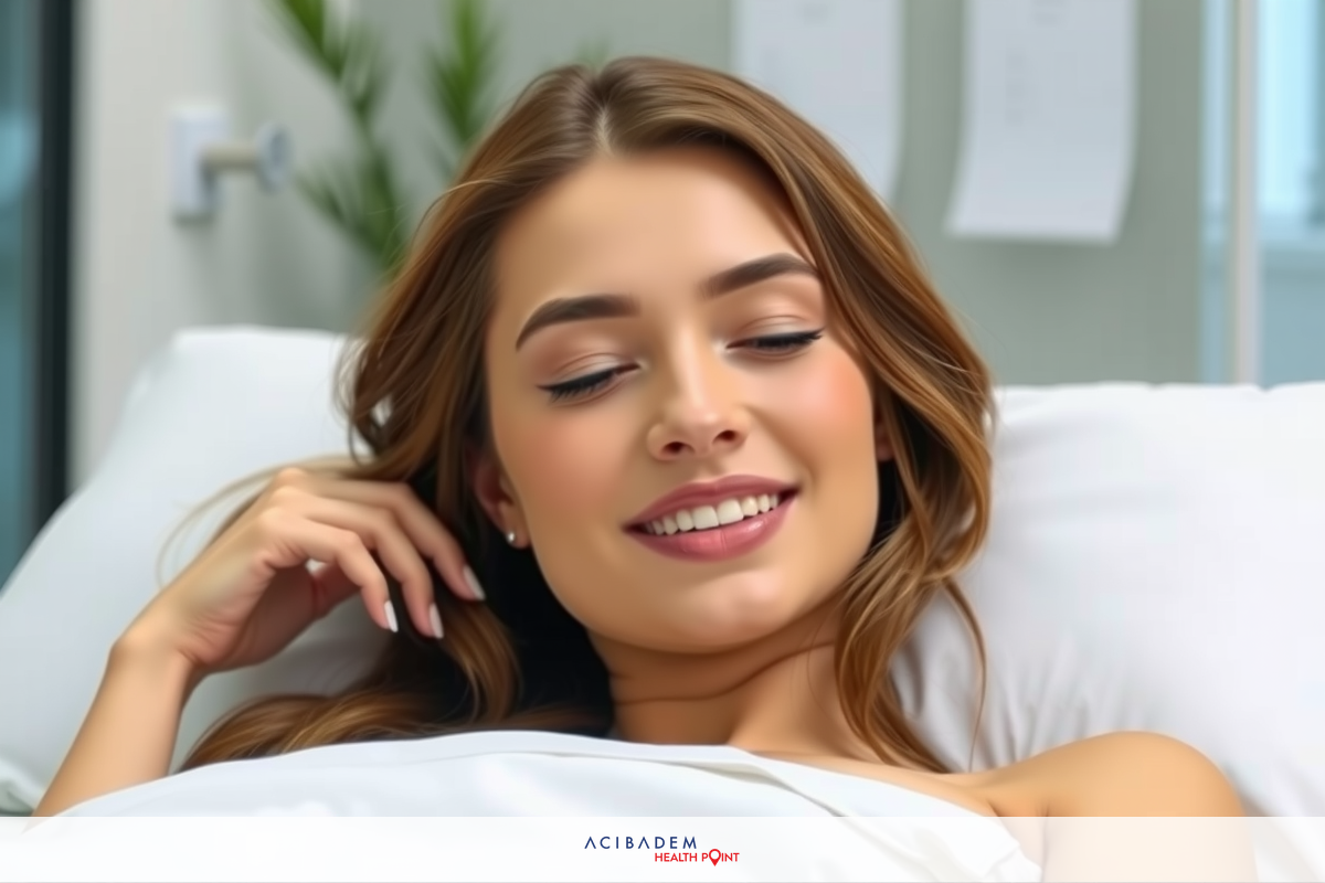 Woman in bed smiling, wearing makeup. Her eyes are closed, and she appears relaxed or happy.