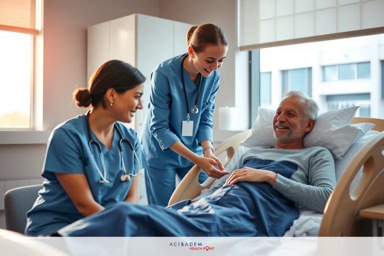 Two nurses in a modern hospital room, attending to an elderly man. One nurse checks the patient's blood pressure while the other two converse with the patient.