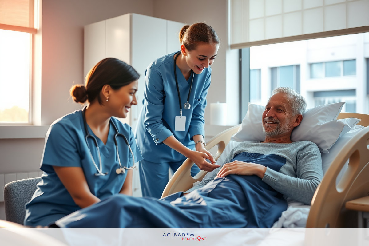 Two nurses in a modern hospital room, attending to an elderly man. One nurse checks the patient's blood pressure while the other two converse with the patient.
