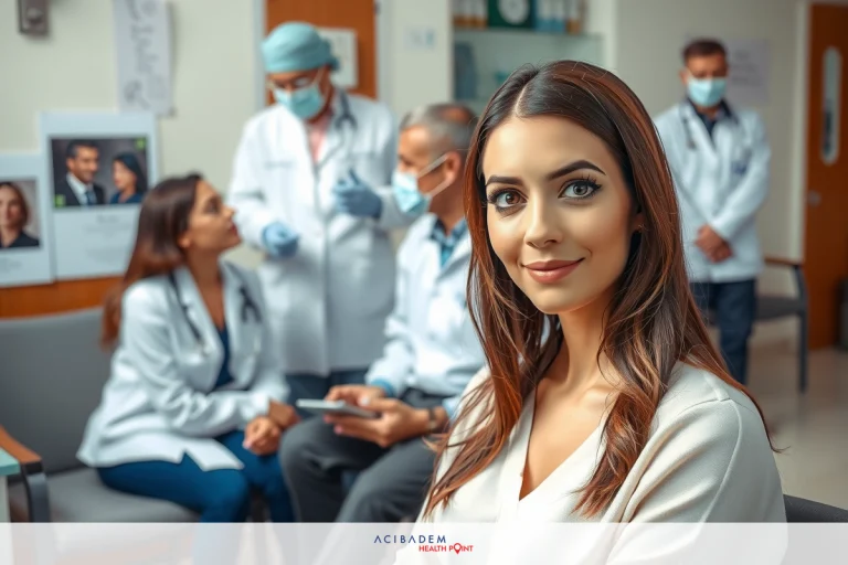 Secondary Rhinoplasty Cost in Turkey A woman with a professional smile, sitting at the center of a medical conference room surrounded by doctors and surgeons. They all are focused on her, suggesting she is sharing some information or leading a discussion. The room has medical posters and equipment in the background.