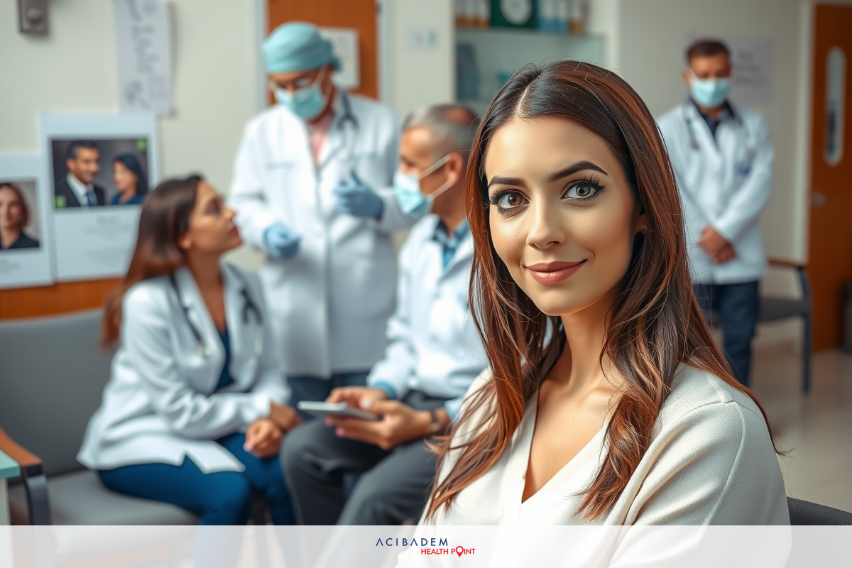 A woman with a professional smile, sitting at the center of a medical conference room surrounded by doctors and surgeons. They all are focused on her, suggesting she is sharing some information or leading a discussion. The room has medical posters and equipment in the background.
