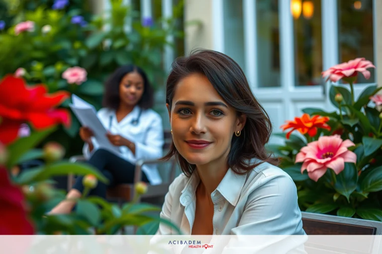 In a lush garden setting, a woman sits outdoors at a table. She is wearing a white blouse and appears to be smiling or looking away from the camera. The environment includes potted plants with vibrant flowers in reds and pinks, contributing to a relaxed and pleasant atmosphere.