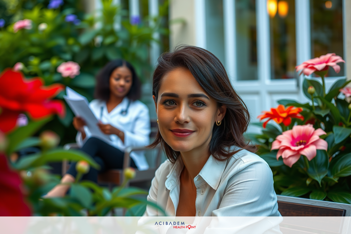 In a lush garden setting, a woman sits outdoors at a table. She is wearing a white blouse and appears to be smiling or looking away from the camera. The environment includes potted plants with vibrant flowers in reds and pinks, contributing to a relaxed and pleasant atmosphere.