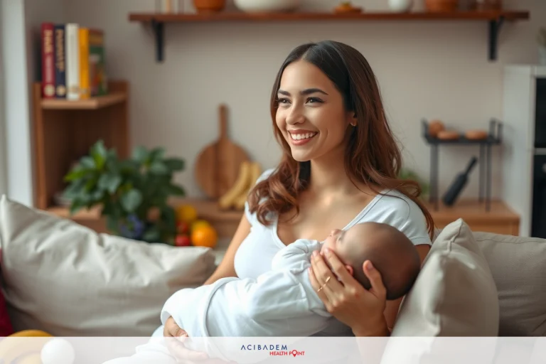 Does Gastric Sleeve Affect Pregnancy? A woman is seated on a couch, holding a baby with one hand. She smiles gently while gazing at the camera, indicating happiness and comfort in her home environment.