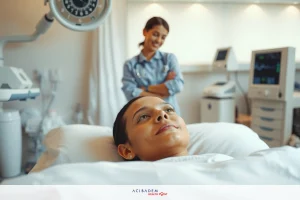 The image shows a hospital setting with two individuals. One woman, who appears to be the doctor or medical professional, stands on one side of the bed, looking attentively at another woman lying down on the bed. The patient is dressed in what looks like a surgical gown and her face seems calm.