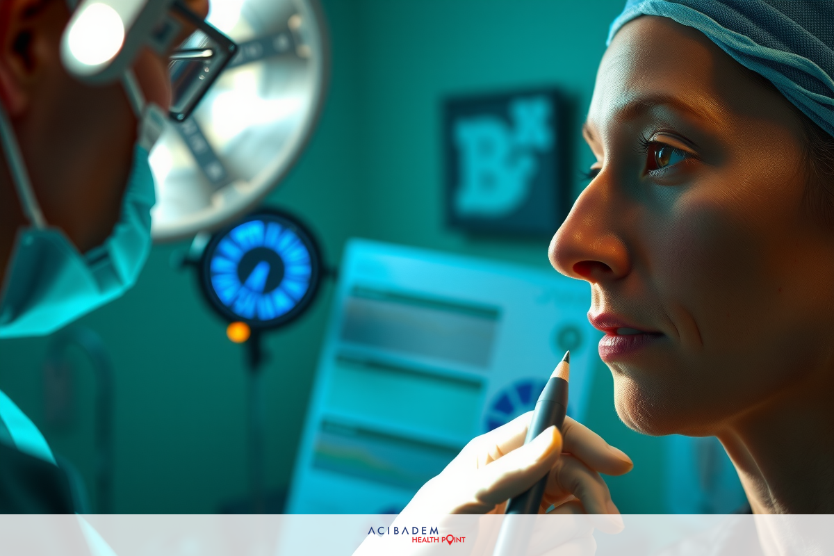 The image captures a moment in a medical room. A plastic surgeon, wearing a surgical mask and scrubs, is in the process of performing a procedure on a patient. The plastic surgeon's focus is evident as they meticulously work with precision instruments to address the issue at hand.